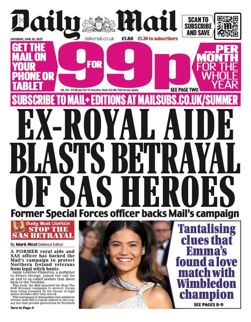 The headline on the front page of the Daily Mail reads: "Ex-Royal aide blasts betrayal of SAS heroes".