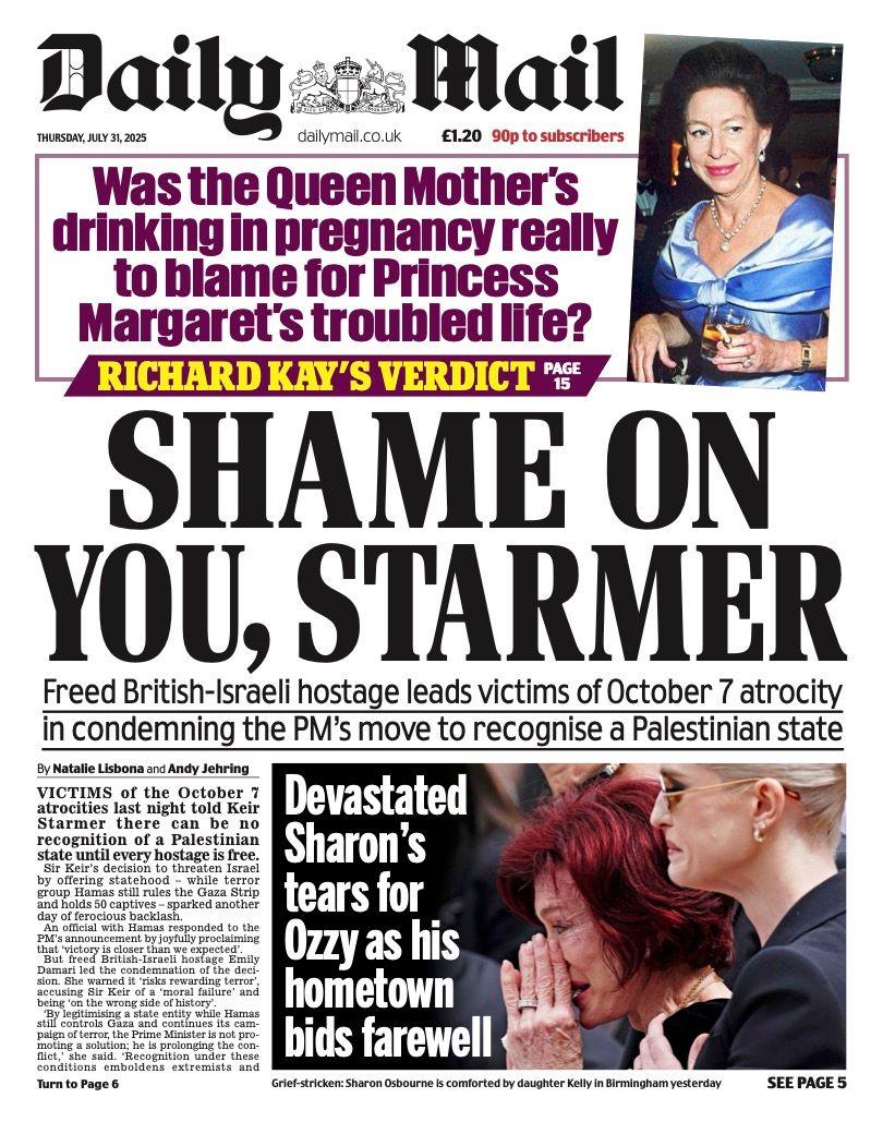 The headline on the front page of the Daily Mail reads: "Shame on you, Starmer".