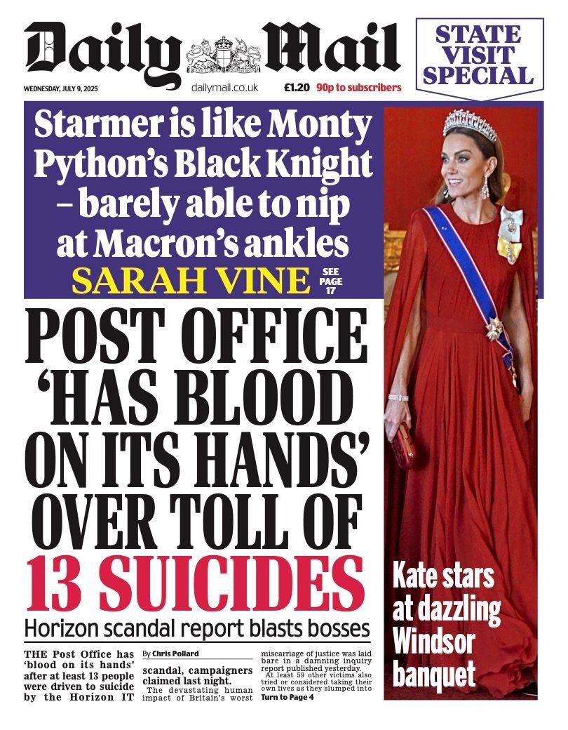 "Post Office 'has blood on its hands' over toll of 13 suicides," is the headline on the front page of the Daily Mail