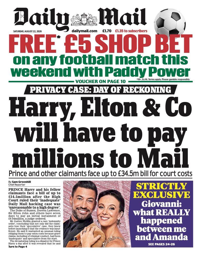 "Harry, Elton & co will have to pay millions to Mail", reads the headline on the front page of the Daily Mail.