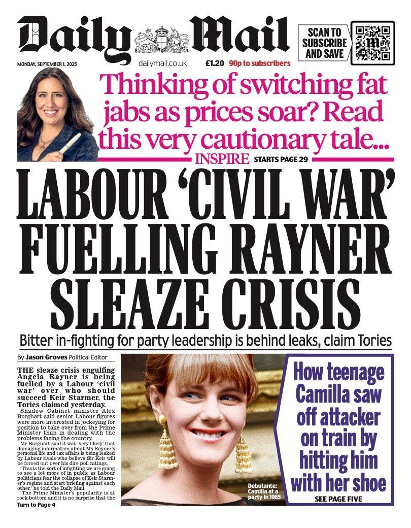 The headline on the front page of the Daily Mail reads: "Labour 'civil war' fuelling Rayner sleaze crisis".