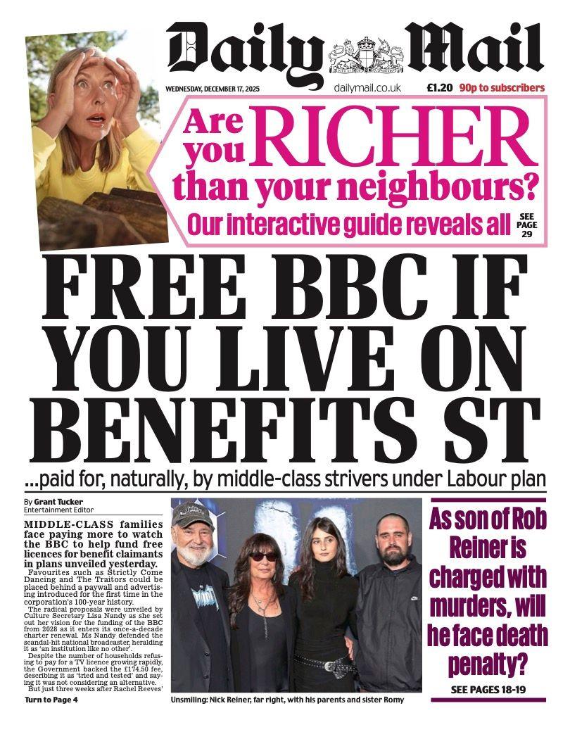 The headline on the front page of the Daily Mail reads: "Free BBC if you live on Benefits St".
