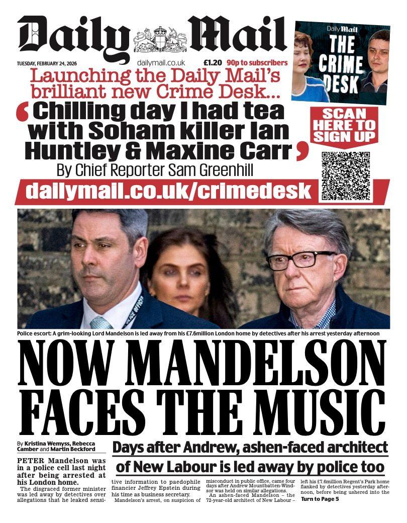 Titulli në faqen e parë të Daily Mail thotë: "Tani Mandelson përballet me muzikën".