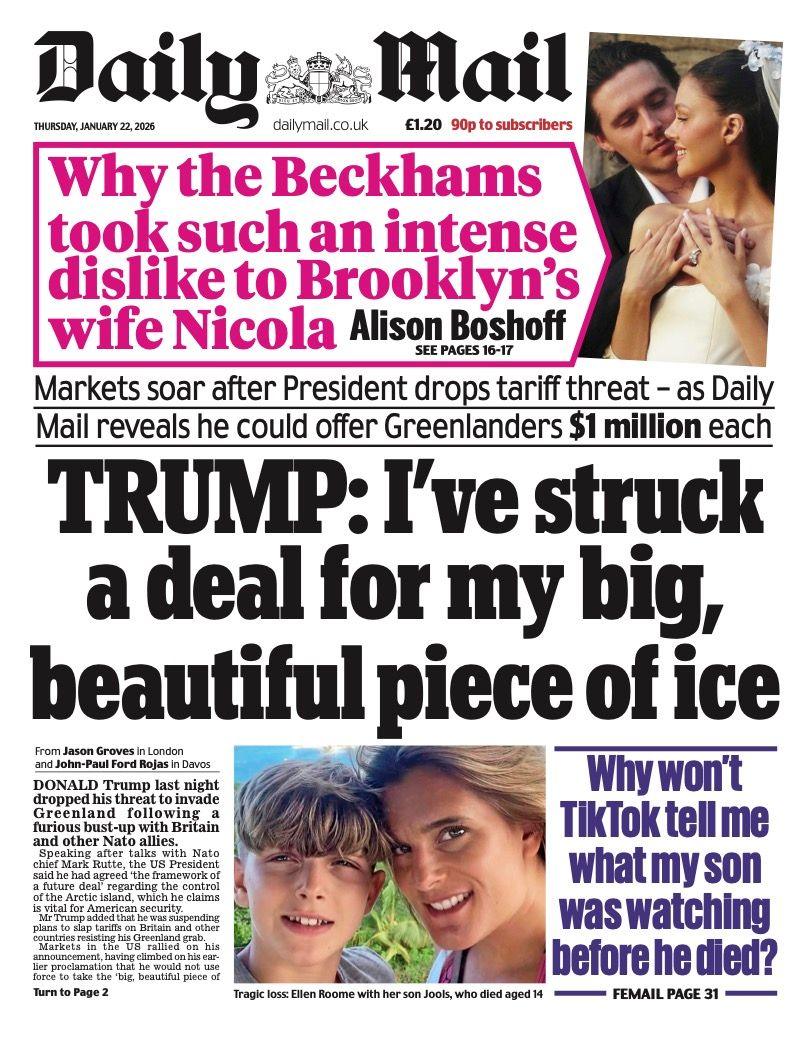 Titulli në faqen e parë të Daily Mail thotë: “Trump: Kam arritur një marrëveshje për copën time të madhe dhe të bukur të akullit.”