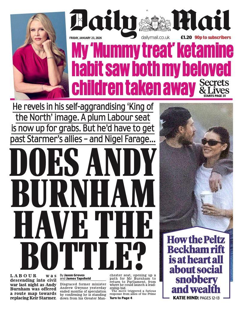 Titulli në faqen e parë të Daily Mail thotë: "A e ka Andy Burnham shishen?"