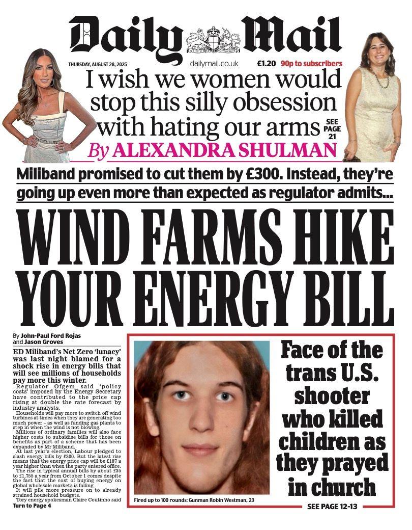 The headline on the front page of the Daily Mail reads: "Wind farms hike your energy bill".