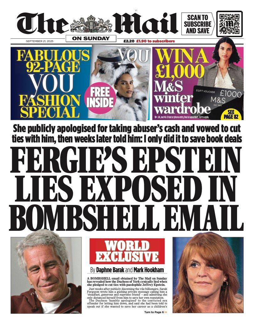 The headline on the front page of the Mail on Sunday reads: "Fergie's Epstein lies exposed in bombshell email".