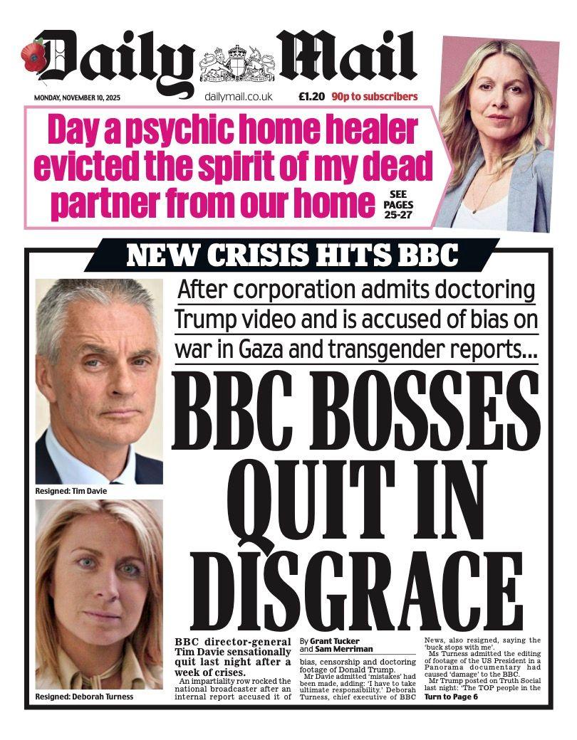 The headline on the front page of the Daily Mail reads: "BBC bosses quit in disgrace".
