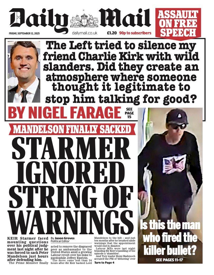 The headline on the front page of the Mail reads: “Starmer ignored string of warnings”.