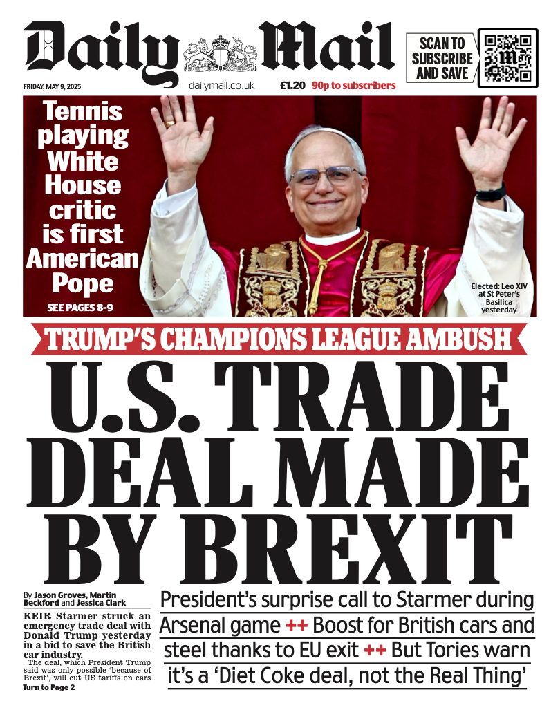 The headline on the front page of the Daily Mail states "U.S. trade deal made by Brexit".