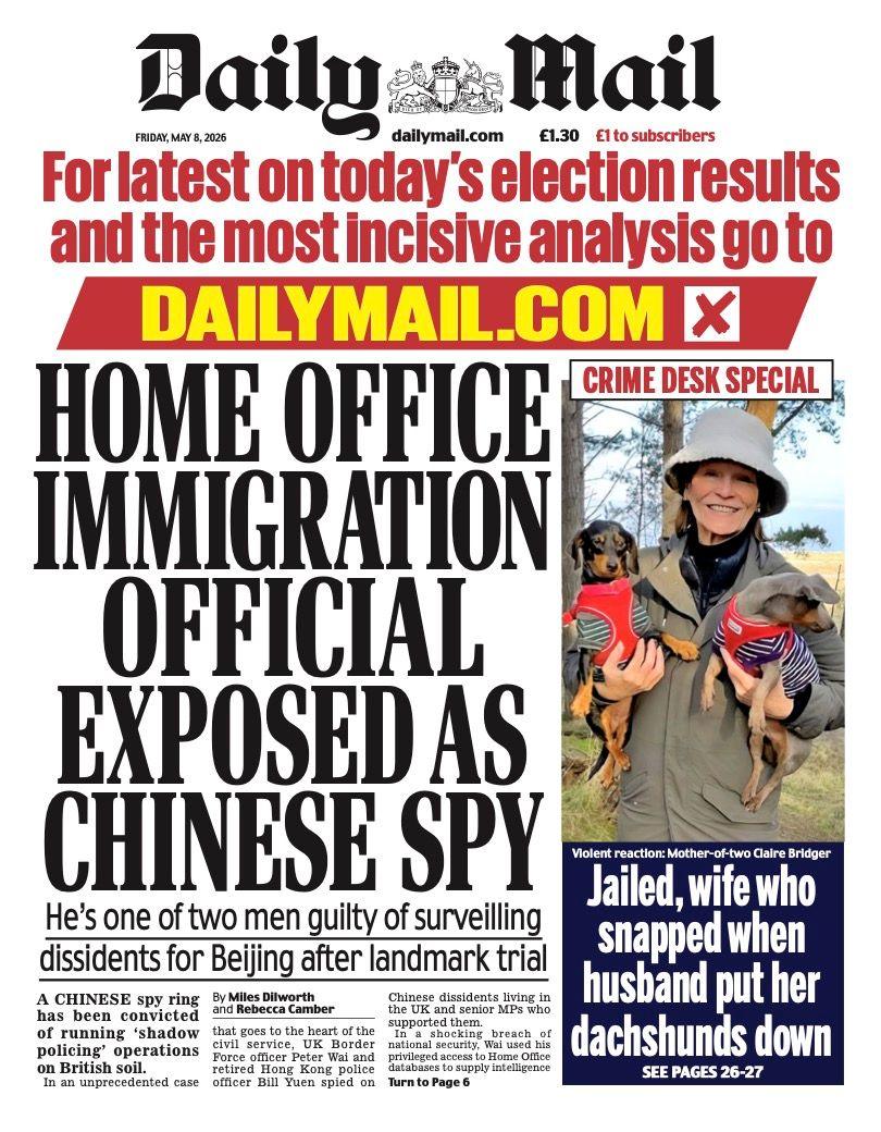 Titulli në faqen e parë të Daily Mail thotë: “Zyrtari i imigracionit i Ministrisë së Brendshme ekspozohet si spiun kinez”.
