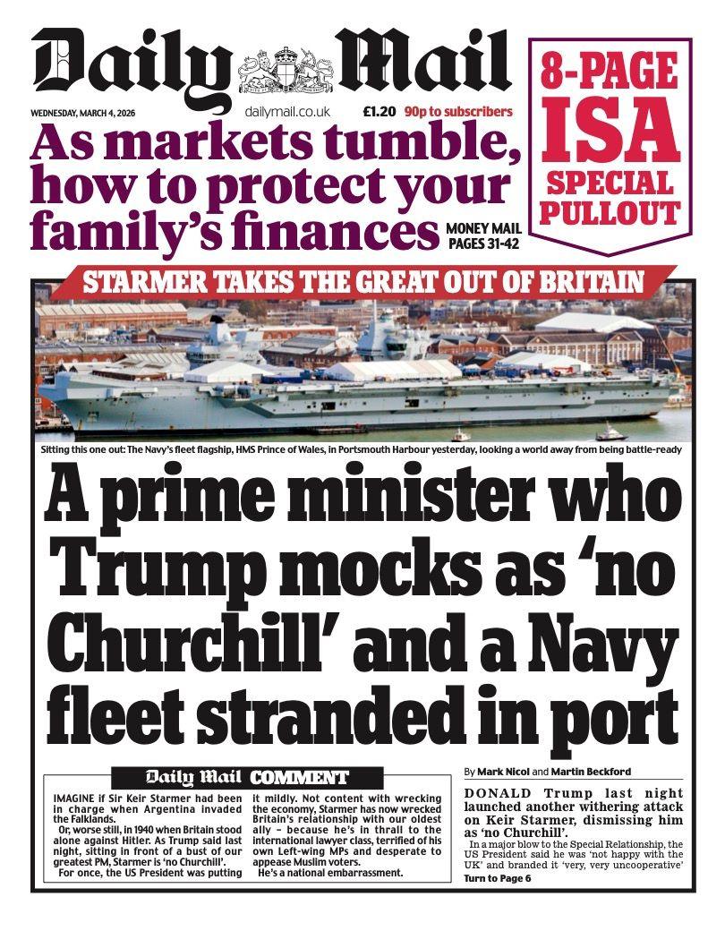 Titulli në faqen e parë të Daily Mail thotë: “Një kryeministër që Trump e tallet si ‘jo Churchill’ dhe një flotë detare e bllokuar në port”.