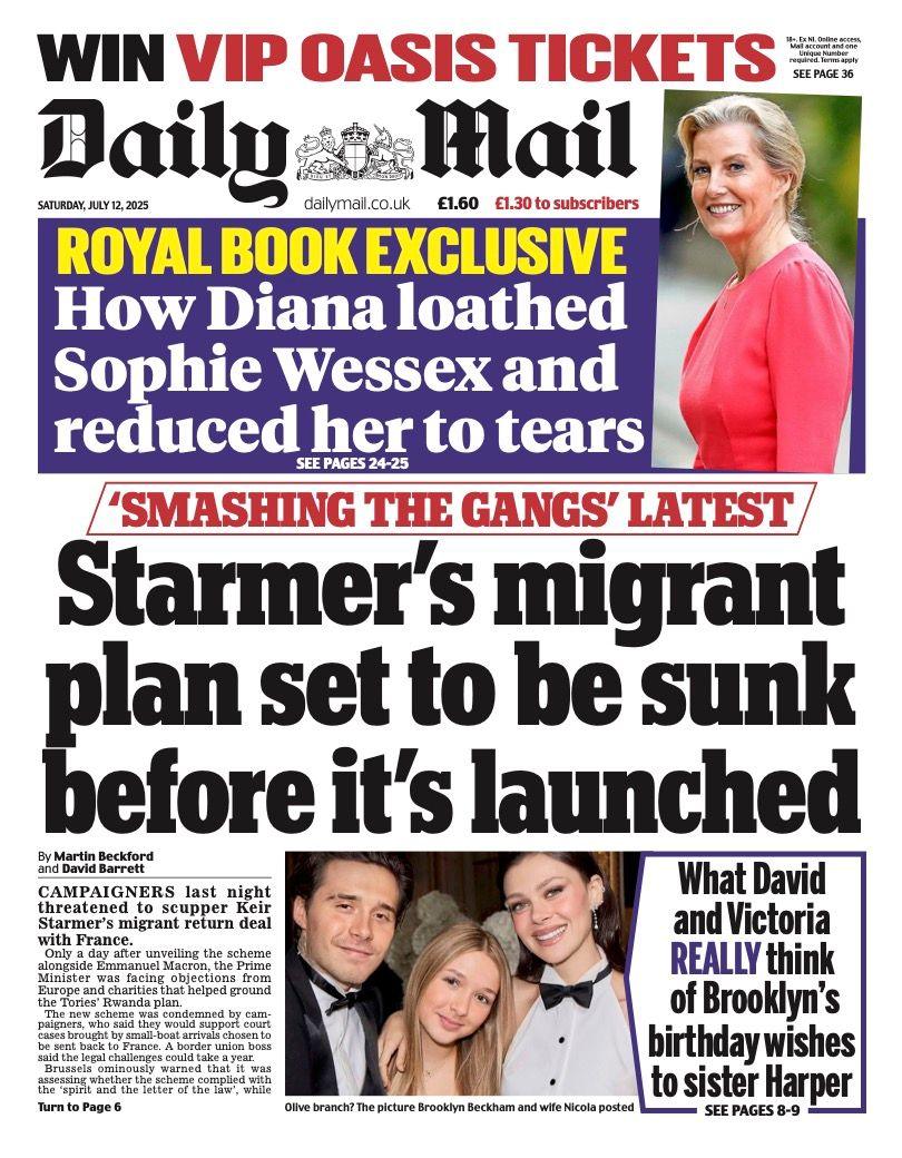 The headline on the front page of the Daily Mail reads: "Starmer's migrant plan set to be sunk before it's launched".