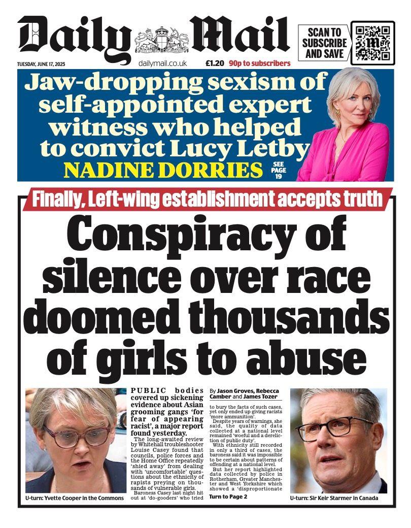 The headline on the front page of the Daily Mail reads: "Conspiracy of silence over race doomed thousands of girls to abuse".