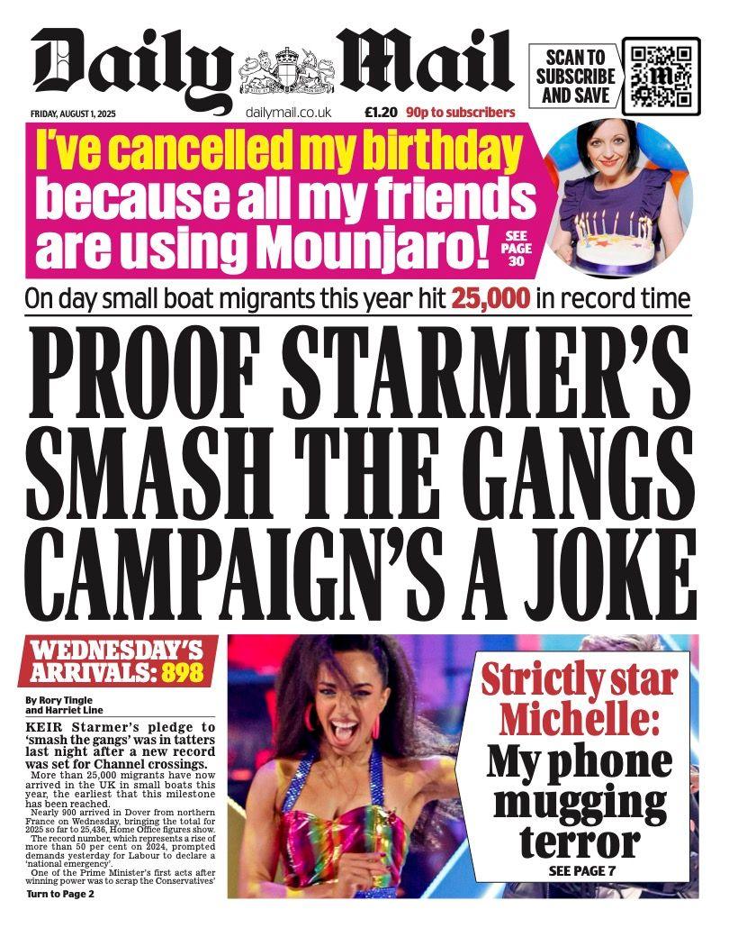 The headline on the front page of the Daily Mail reads: "Proof Starmer's smash the gangs campaign's a joke".