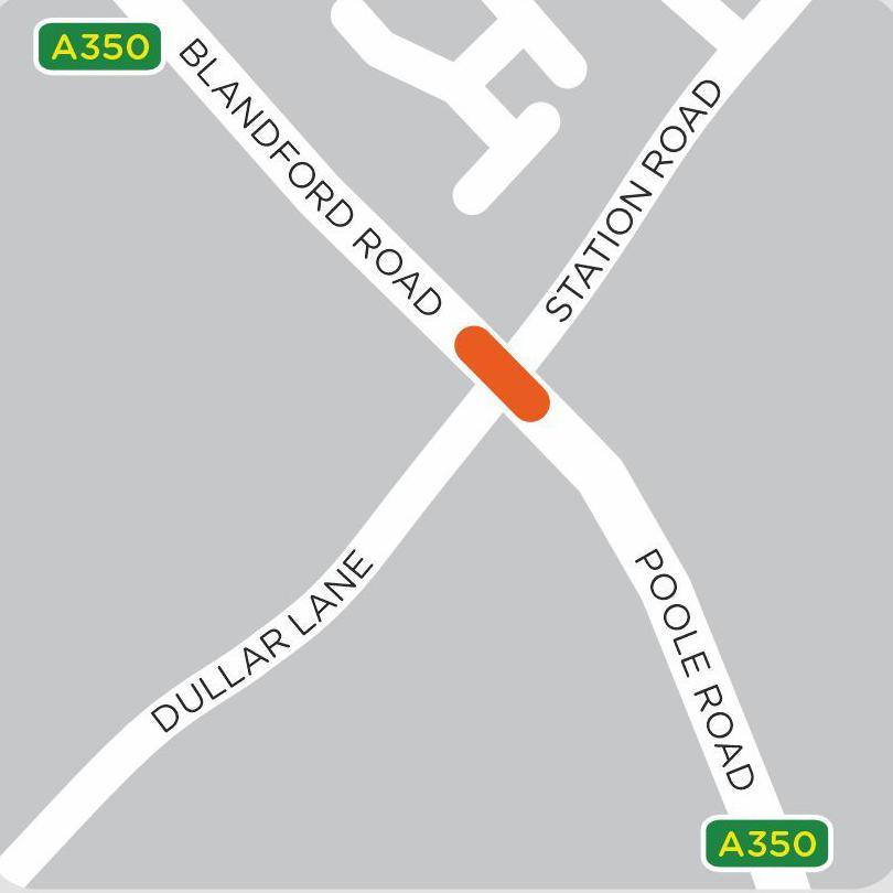 A graphic of the roads and the section of the road where the works will take place is marked in orange. It sits at the crossroads between Blandford Road, Poole Road, Dullar Lane and Station Road.