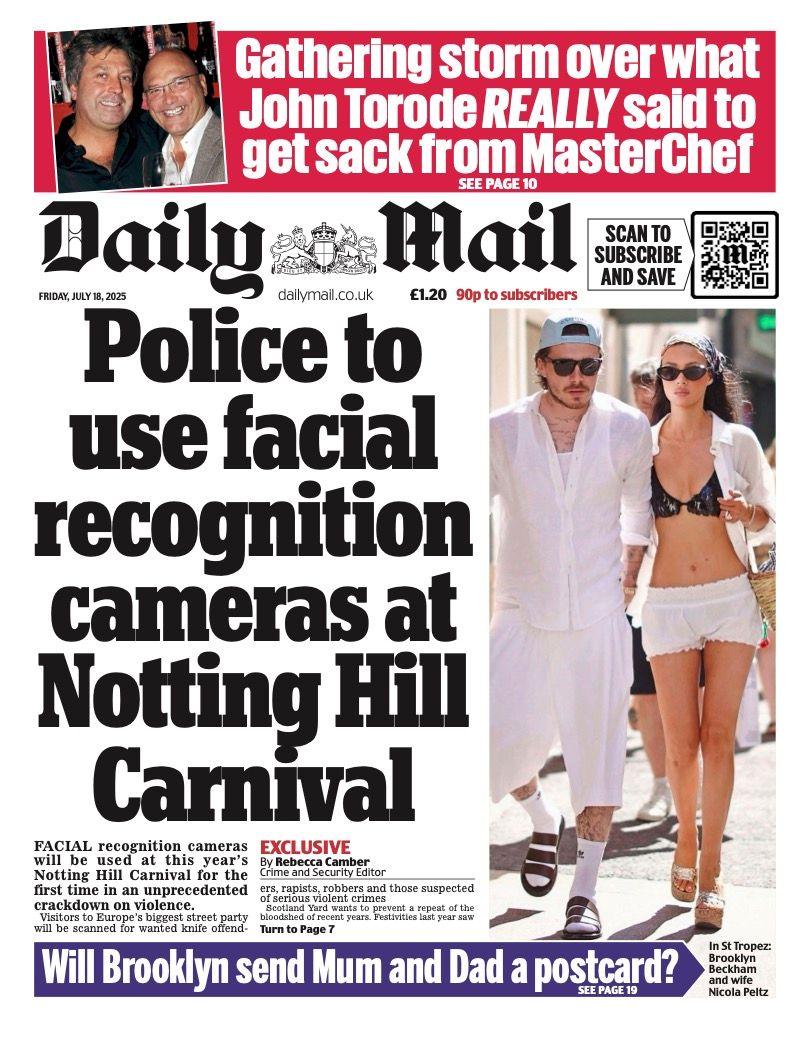 The headline on the front page of the Daily Mail reads: “Police to use facial recognition cameras at Notting Hill Carnival”