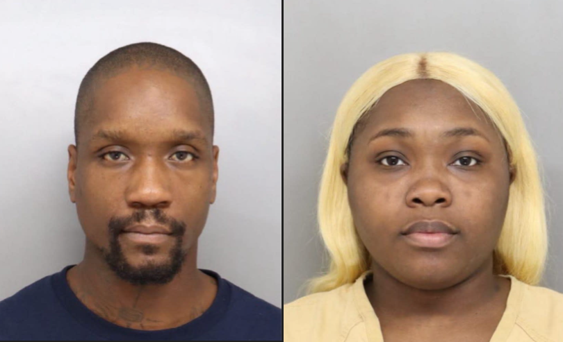 Side-by-side mugshots of Montianez Merriweather and Dekyra Vernon. Both have neutral expressions and are looking directly at the camera against a plain white background. Mr Merriweather is in a dark blue cotton shirt. Ms Vernon in in a pale yellow shirt that closely matches her hair.