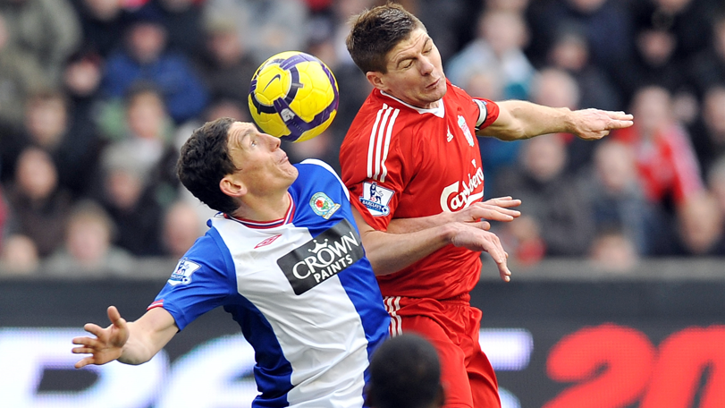 Liverpool captain Steven Gerrard captain challenges Blackburn's Keith Andrews during a Premier League game between Liverpool and Blackburn Rovers at Anfield in 2010