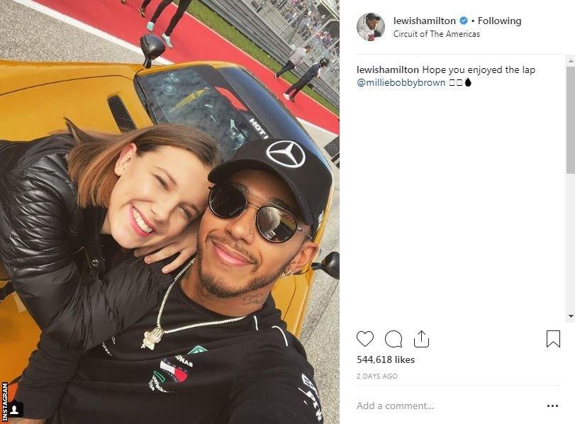 Lewis Hamilton Instagram post showing a photo of him with Millie Bobby Brown