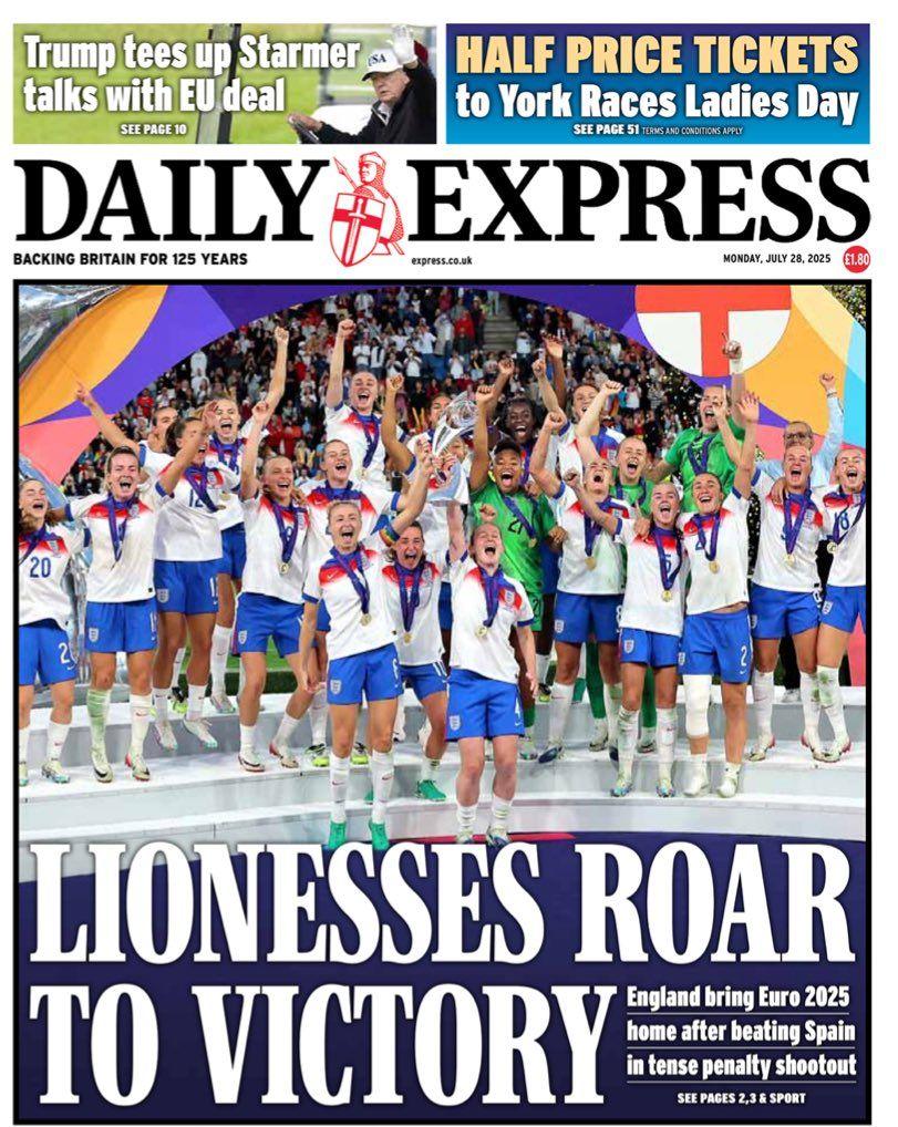 The headline on the front page of the Daily Express reads: "Lionesses roar to victory".