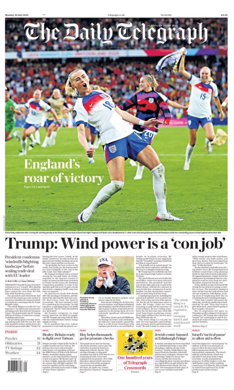 The headline on the front page of the Daily Telegraph reads: "Trump: Wind power is a 'con job'".