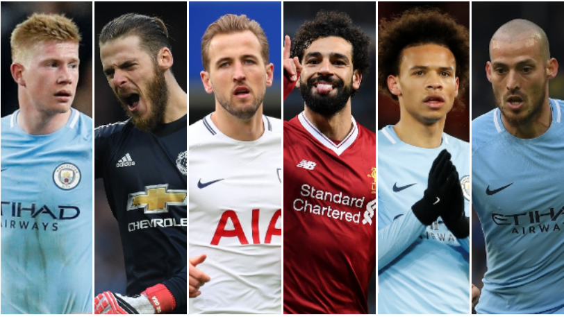 Kevin de Bruyne, David de Gea, Harry Kane, Mohamed Salah, Leroy Sane and David Silva