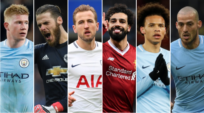 Kevin de Bruyne, David de Gea, Harry Kane, Mohamed Salah, Leroy Sane and David Silva