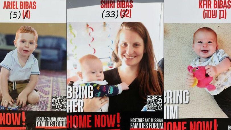 File photo shows posters bearing the portraits of Israeli hostages Shiri Bibas, and her two children Ariel and Kfir. The poster of Shiri says "bring her home now", while those of Ariel and Kfir say "bring him home now". 