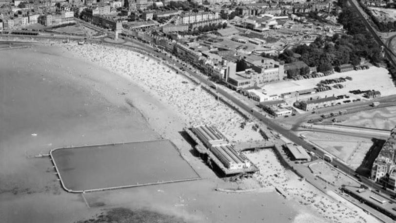 Tidal pool on Margate Main Sands, 1949, with pavilion 