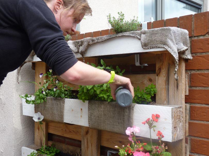 Robyn watering her pallet garden