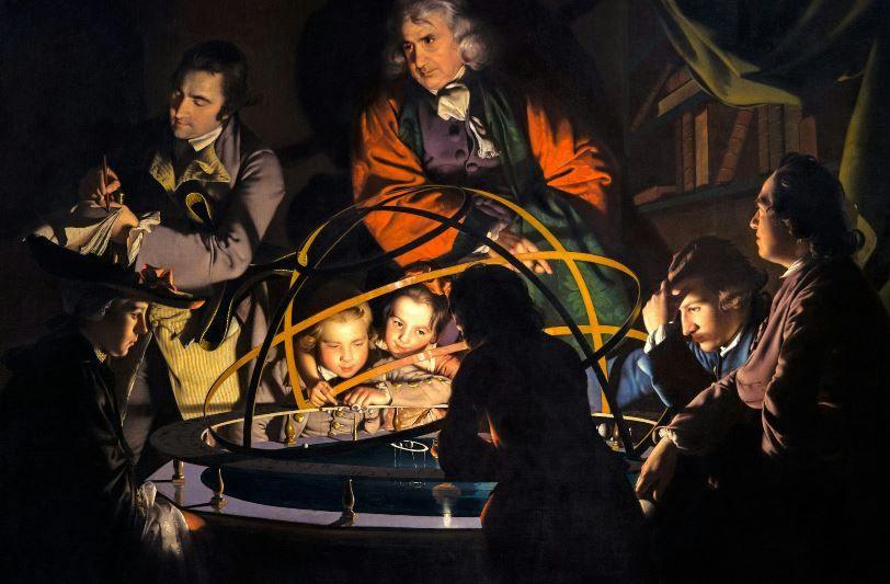 Described as one of Wright's most famous paintings. At its centre, a red gowned philosopher presents a lecture on astronomy using a clockwork model of the solar system called an ‘Orrery’.