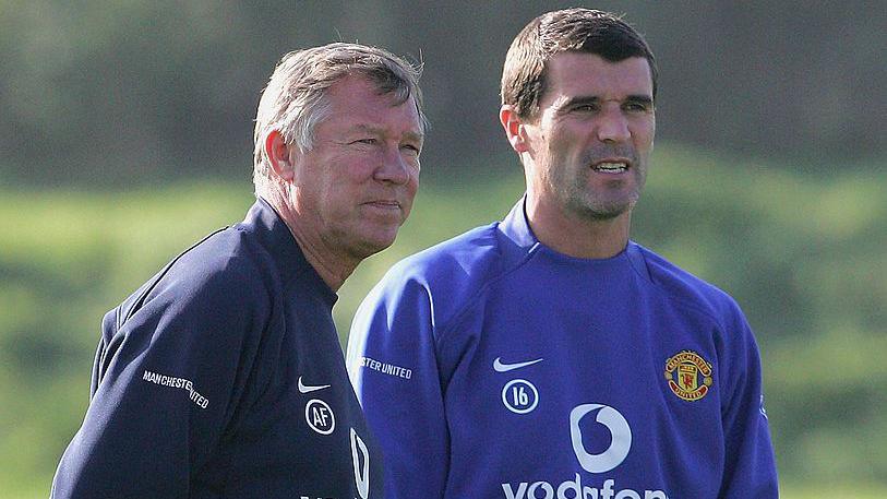 Roy Keane and Sir Alex Ferguson of Manchester United in action during a first team training session