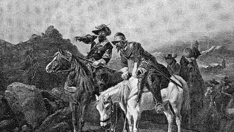 Digitally restored black and white image of Oliver Cromwell with another Roundhead. They are both on horses on a hill with other soldiers around them.
