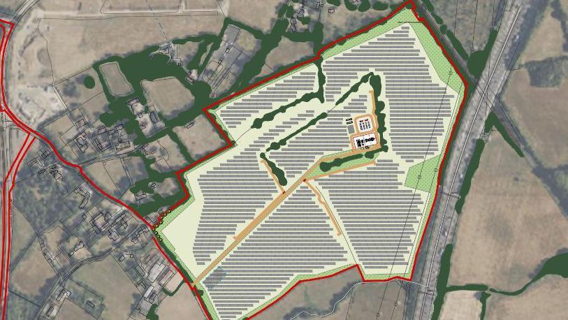 A map shows a birds eye view of the proposed area for the solar farm to go, with red and yellow lines marking the farm boundaries.