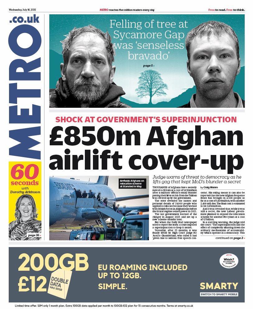 The headline on the front page of the Metro reads: "£850m Afghan airlift cover-up".