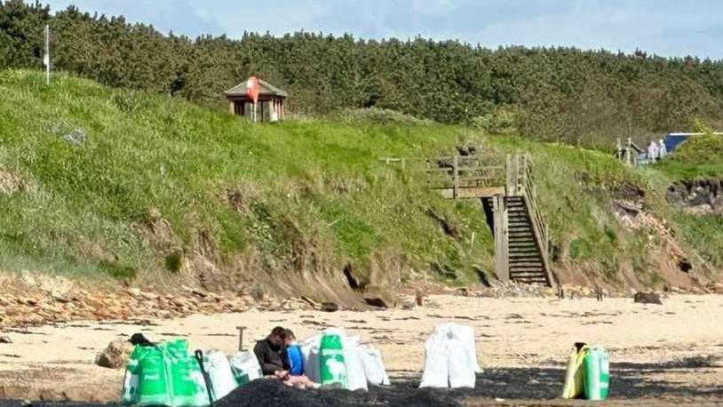 Steps down to the beach with plenty of grass on the bank