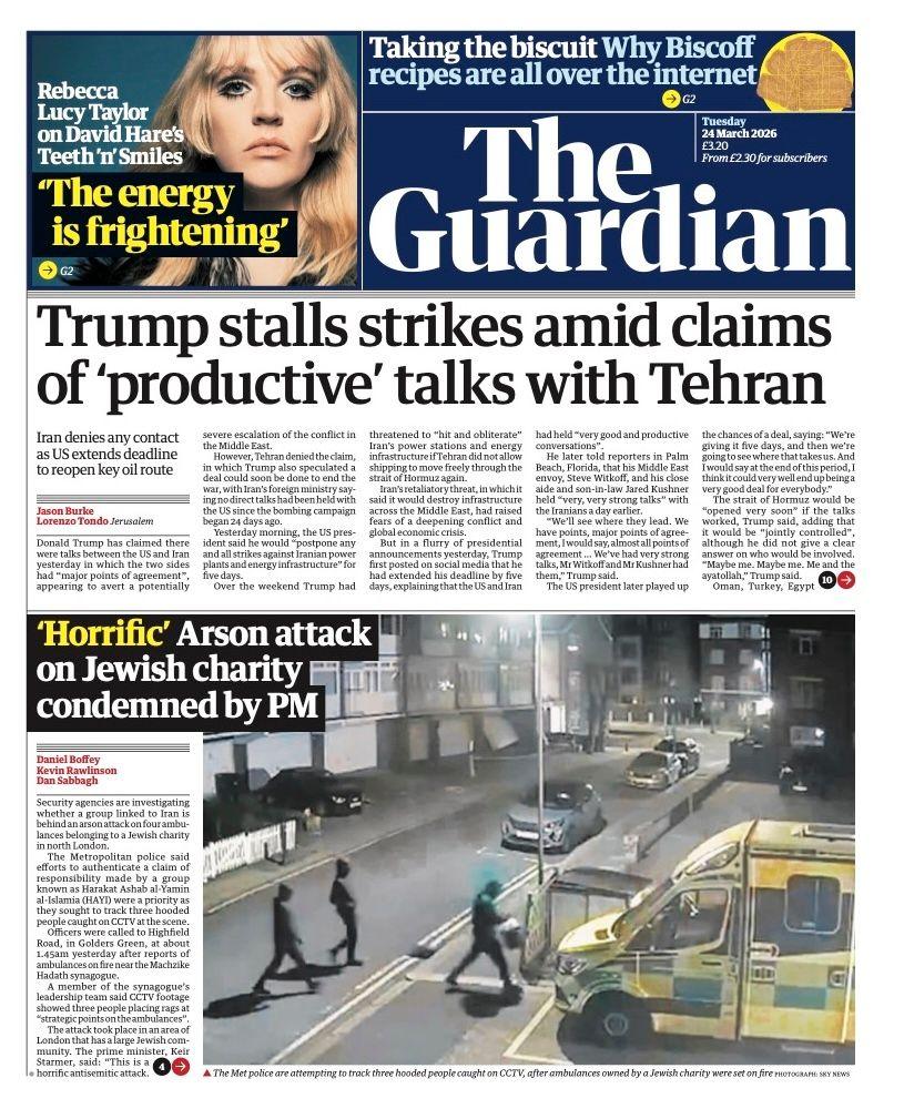 Titulli në faqen e parë të gazetës Guardian thotë: “Trump pengon grevat mes pretendimeve për bisedime ‘produktive’ me Teheranin”.