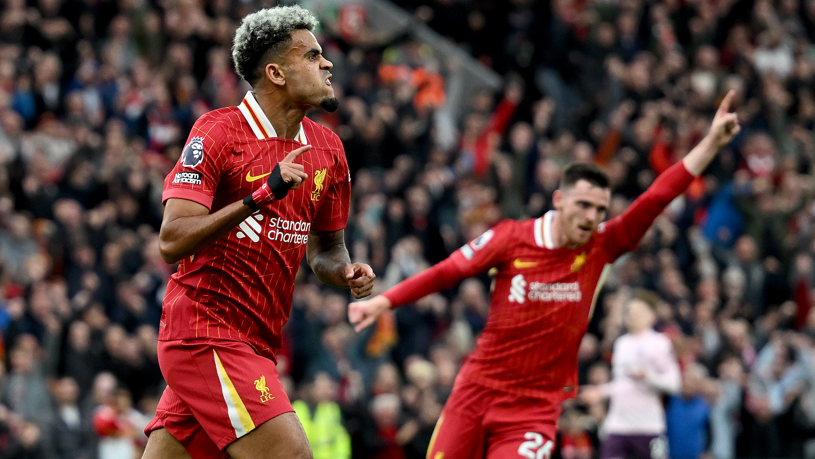 Luis Diaz celebrates scoring for Liveprool against Brentford at Anfield