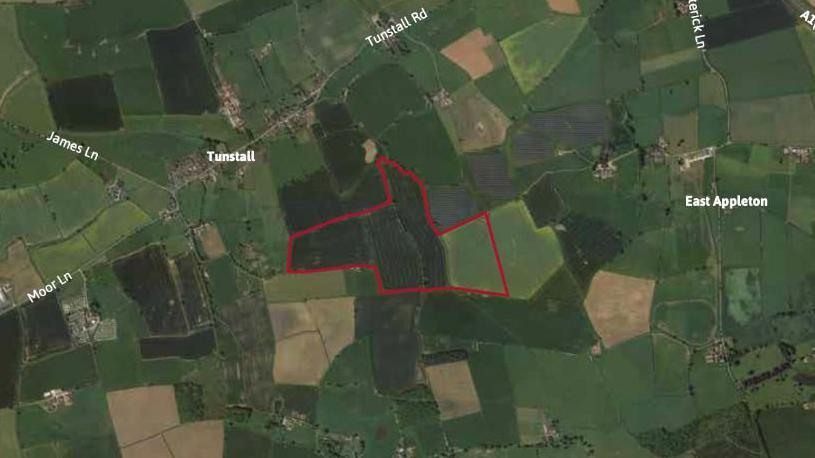 A satellite image showing four fields outlined in red, between Tunstall and East Appleton