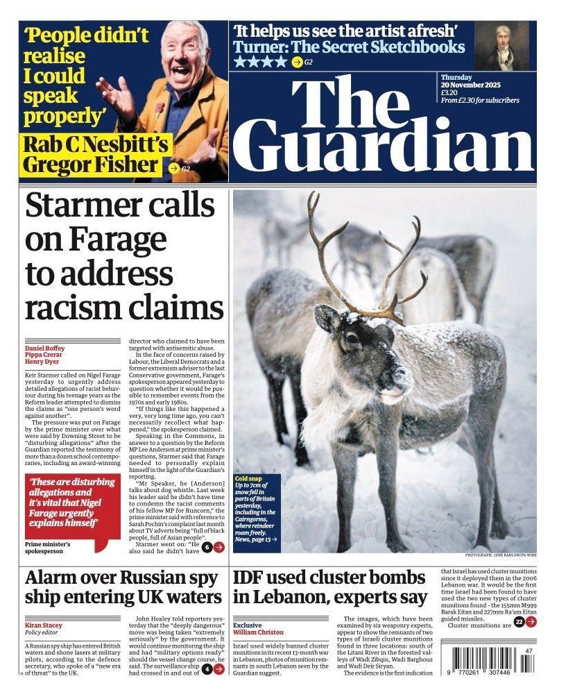 Titulli në faqen e parë të gazetës Guardian thotë: “Starmer i bën thirrje Farage-it të adresojë pretendimet për racizëm”.