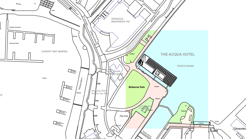 A map of Roath basin, showing where the hotel would be beside Britannia park