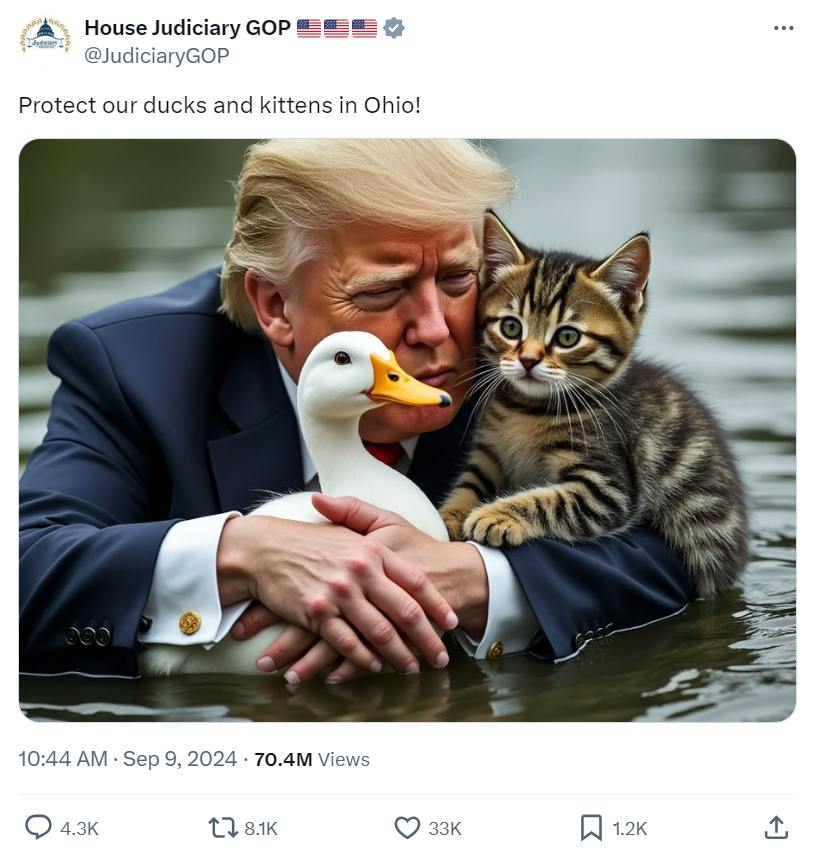 A screenshot of the official Republican House Judiciary Committee X account with an AI-generated image of former president Trump hugging a duck and a cat with the caption "Protect our ducks and kittens in Ohio!".