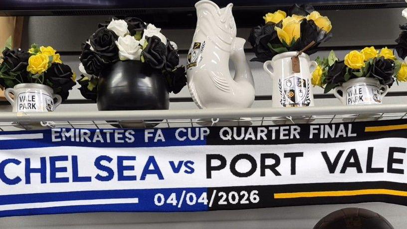 A half and half scarf on sale in Port Vale's club shop before the FA Cup quarter-final against Chelsea at Stamford Bridge