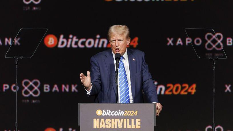 Trump speaks at a Bitcoin conference in Nashville in July.