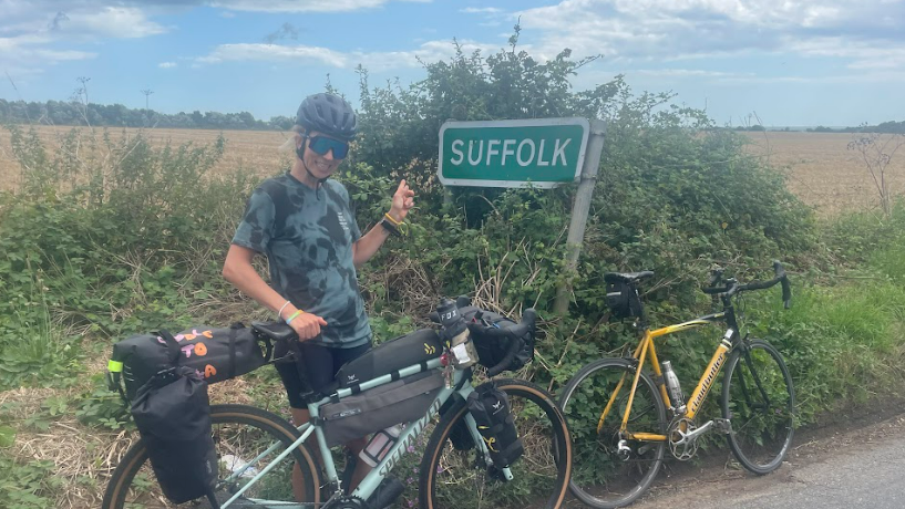 Katy Roberts pictured on her journey when she had reached her home county of Suffolk