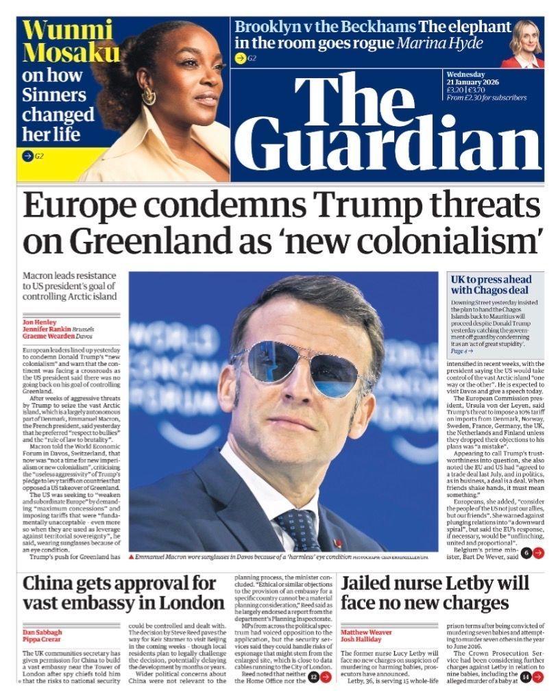 Titulli në faqen e parë të gazetës Guardian thotë: “Evropa dënon kërcënimet e Trump për Groenlandën si ‘kolonializëm të ri’.”