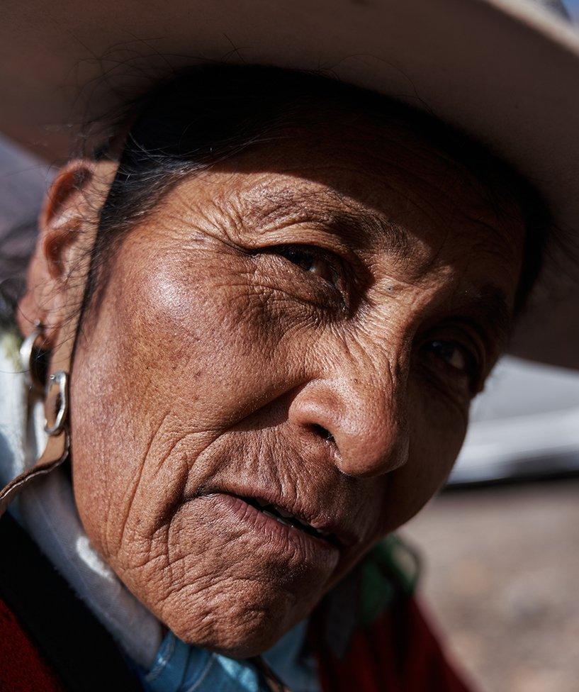 Portrait of Silveria Luisa Quispe, president of the Family, Water and Sun Commission of Collamboy Hill, during the roadblock in Purmamarca, province of Jujuy, Argentina, where native communities have been demonstrating for almost two months in defence of water and the right to their lands and against the constitutional reform promoted by Governor Morales on June 28, 2023.