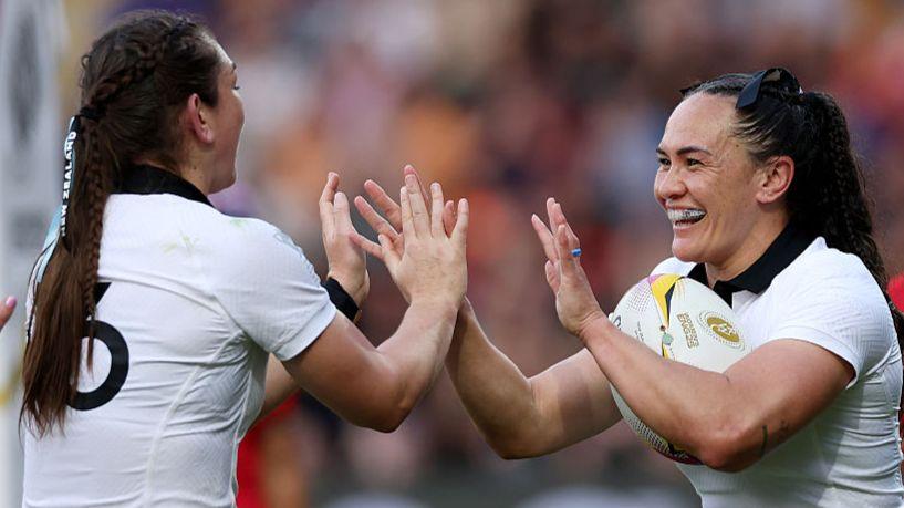 Portia Woodman-Wickliffe celebrates her try for New Zealand