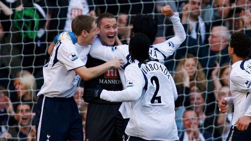 Tottenham goalkeeper Paul Robinson celebrates scoring against Watford